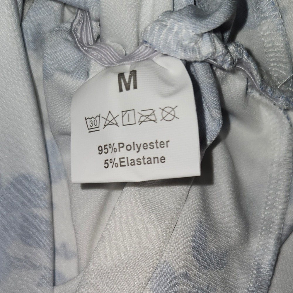 Blue Floral Off Shoulder Ruched Bodycon Mini Dress White Ruffle Hem Medium - Picture 3 of 5